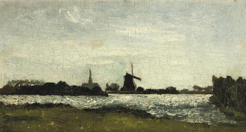 Theo van Doesburg River landscape with steeple and mill. oil painting image
